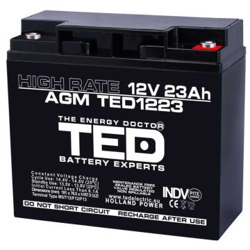 Acumulator Etans TED AGM VRLA 12V 23Ah High Rate, 18.1x7.65x16.75cm