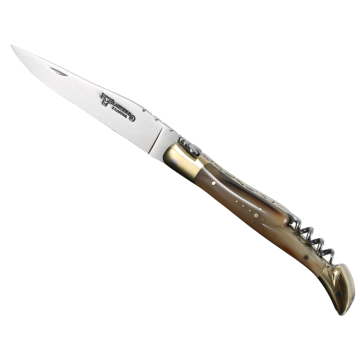 Briceag cu Tirbuson Laguiole en Aubrac Classic Pocket Knife with Corkscrew, Buffalo Horn, 12cm, Light Brown