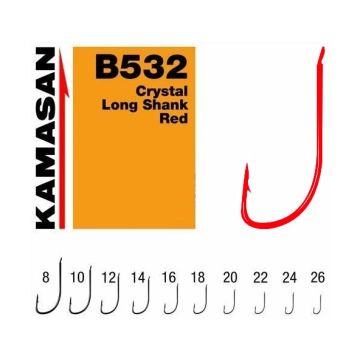 Carlige Kamasan B532 Crystal Long Shank, Rosu, 10buc/plic