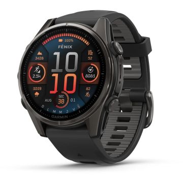 Ceas Garmin Fenix 8, 43mm, Amoled, Sapphire, Carbon Grey, Titanium, Black/Pebble Grey, EMEA