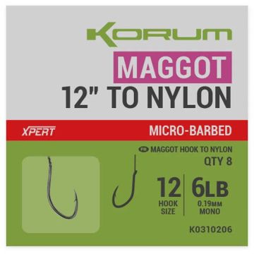 Carlige Legate Korum Maggot Hook To Nylon, Barbed, 8buc/plic