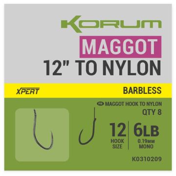 Carlige Legate Korum Maggot Hook To Nylon, Barbless, 8buc/plic