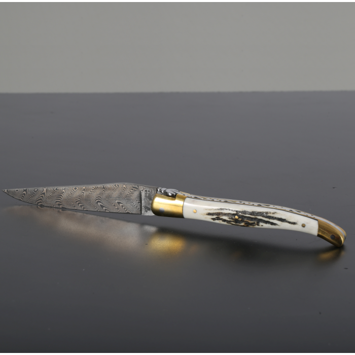 Briceag Laguiole en Aubrac Le Grand Prix Pocket Knife, Stag Horn, Damascus Steel, 12cm, White