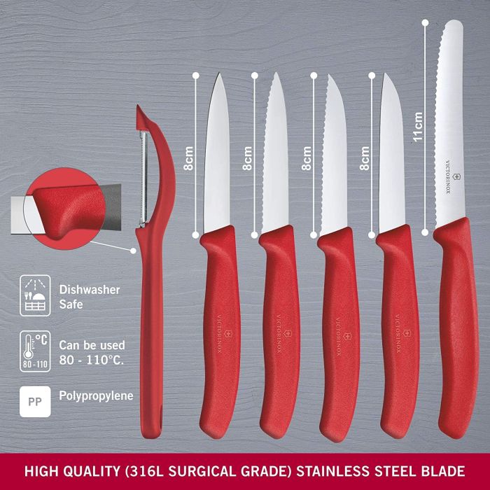 Set 5 Cutite Victorinox Swiss Classic Paring Knives Set + Decojitor, Rosu
